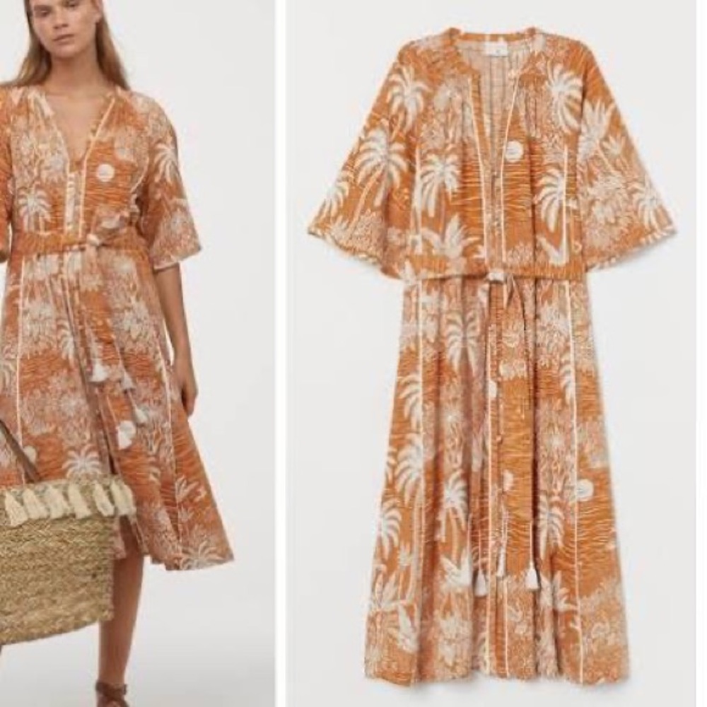 Orange Desmond & Dempsey X Hm Linen Blend Tropical Kaftan Dress